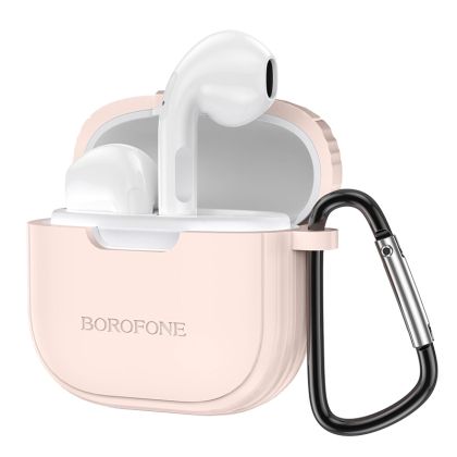 Безжични слушалки Borofone, Bluetooth earphones TWS BW29, Charm+розов силиконов кейс, Бели