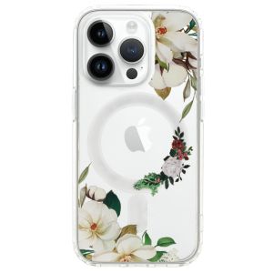 Кейс Tel Protect Flower, за IPhone 13 Pro, Magsafe, Защита около камерата, Прозрачен с бели цветя