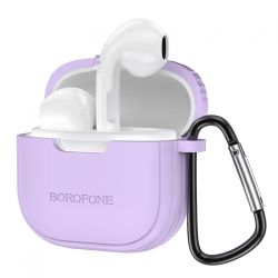 Безжични слушалки Borofone, Bluetooth earphones TWS BW29, Charm+лилав силиконов кейс, Бели