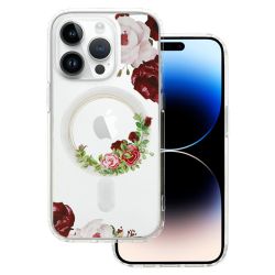 Кейс Tel Protect Flower, за IPhone 14, Magsafe, Защита около камерата, Прозрачен с черевени рози