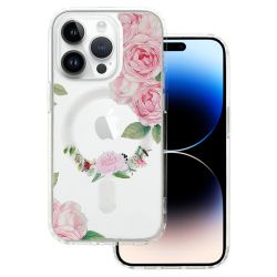 Кейс Tel Protect Flower, за IPhone 14, Magsafe, Защита около камерата, Прозрачен с розови рози