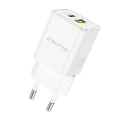 Зарядно адаптер Borofone, BN14 Royal, USB+Type C, QC3.0 PD30W, Бързо зареждане, Бяло