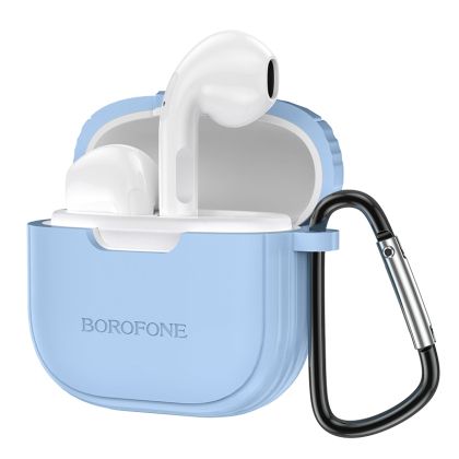Безжични слушалки Borofone, Bluetooth earphones TWS BW29, Charm+син силиконов кейс, Бели