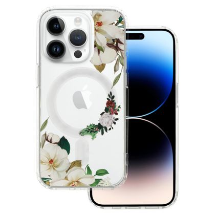 Кейс Tel Protect Flower, за IPhone 14 Pro, Magsafe, Защита около камерата, Прозрачен с бели цветя