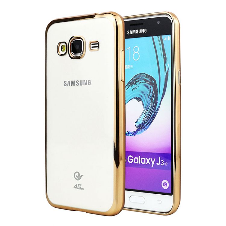 Луксозен прозрачен силиконов гръб Glossy със златна рамка за Samsung J320F Galaxy J3 (2016)