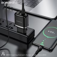 Мрежово зарядно Borofone, DBN4 Aspiring 2,4A, 2xUSB, Кабел USB-Micro USB, Черно