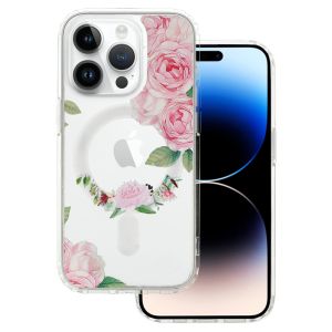 Кейс Tel Protect Flower, за IPhone 13 Pro Max, Magsafe, Защита около камерата, Прозрачен с розови рози