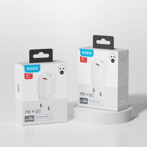 Зарядно адаптер Rock, T88 Sugar Cube GaN, Type C, QC3.0 PD 33W 3A, Бързо зареждане, Бяло