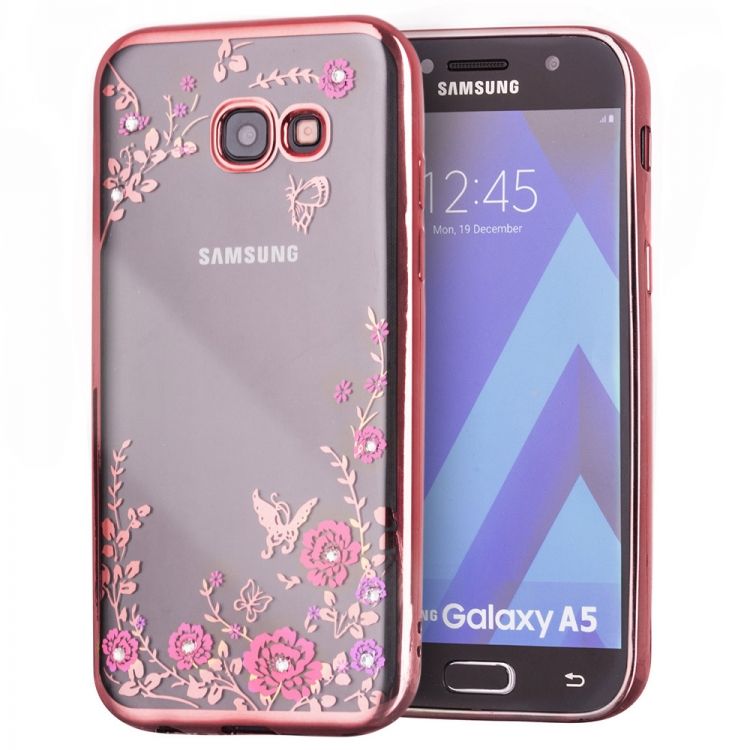 Луксозен гръб Flowers с камъни за Samsung A520F Galaxy A5 (2017), Розово златен