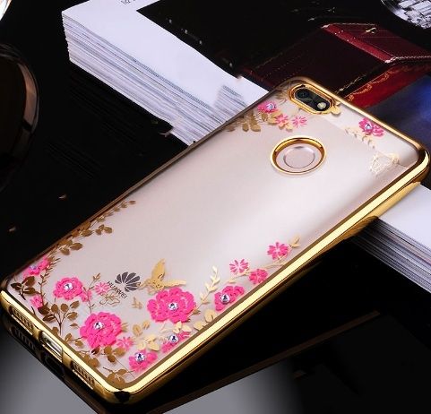 Луксозен прозрачен гръб Flowers с камъни за Huawei P9 Lite mini, Златен