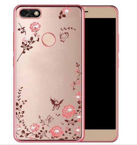 Луксозен гръб Flowers с камъни за Huawei P9 Lite mini, Розово златен