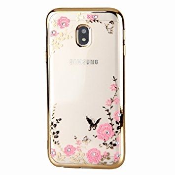 Луксозен гръб Flowers с камъни за Samsung J330F Galaxy J3 (2017), Златен