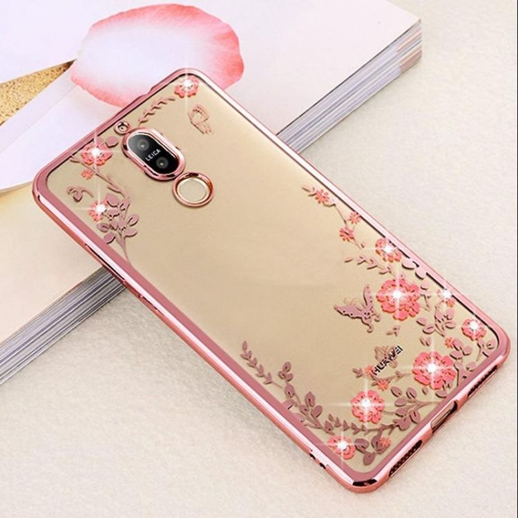 Луксозен гръб Flowers с камъни за Huawei Mate 10 Lite, Розово златен
