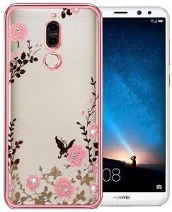 Луксозен гръб Flowers с камъни за Huawei Mate 10 Lite, Розово златен
