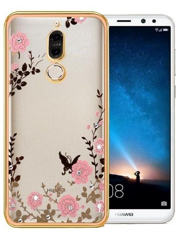 Луксозен гръб Flowers с камъни за Huawei Mate 10 Lite, Златен