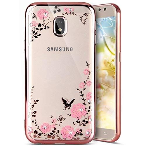 Луксозен гръб Flowers с камъни  за Samsung J530F Galaxy J5 (2017), Розово златно