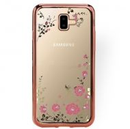 Луксозен гръб Flowers с камъни за Samsung J600 Galaxy J6 2018, Розово златен