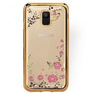 Луксозен гръб Flowers с камъни за Samsung A605 Galaxy A6 Plus 2018, Златен