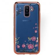 Луксозен гръб Flowers с камъни за Samsung A605 Galaxy A6 Plus 2018, Розово златен