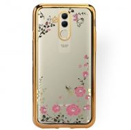 Луксозен гръб Flowers с камъни за Huawei Mate 20 Lite, Златен