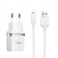 Зарядно HOCO 220V Smart C12 2xUSB 2,4A+USB кабел Iphone, Бял