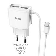 Зарядно HOCO 220V Mega Joy C59A 2xUSB 2,1A USB Type-C кабел, Бял