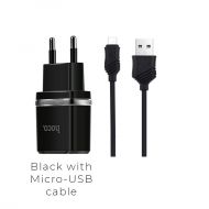 Зарядно HOCO 220V Smart C12 Micro 2xUSB 2,4A+micro USB кабел, Черен